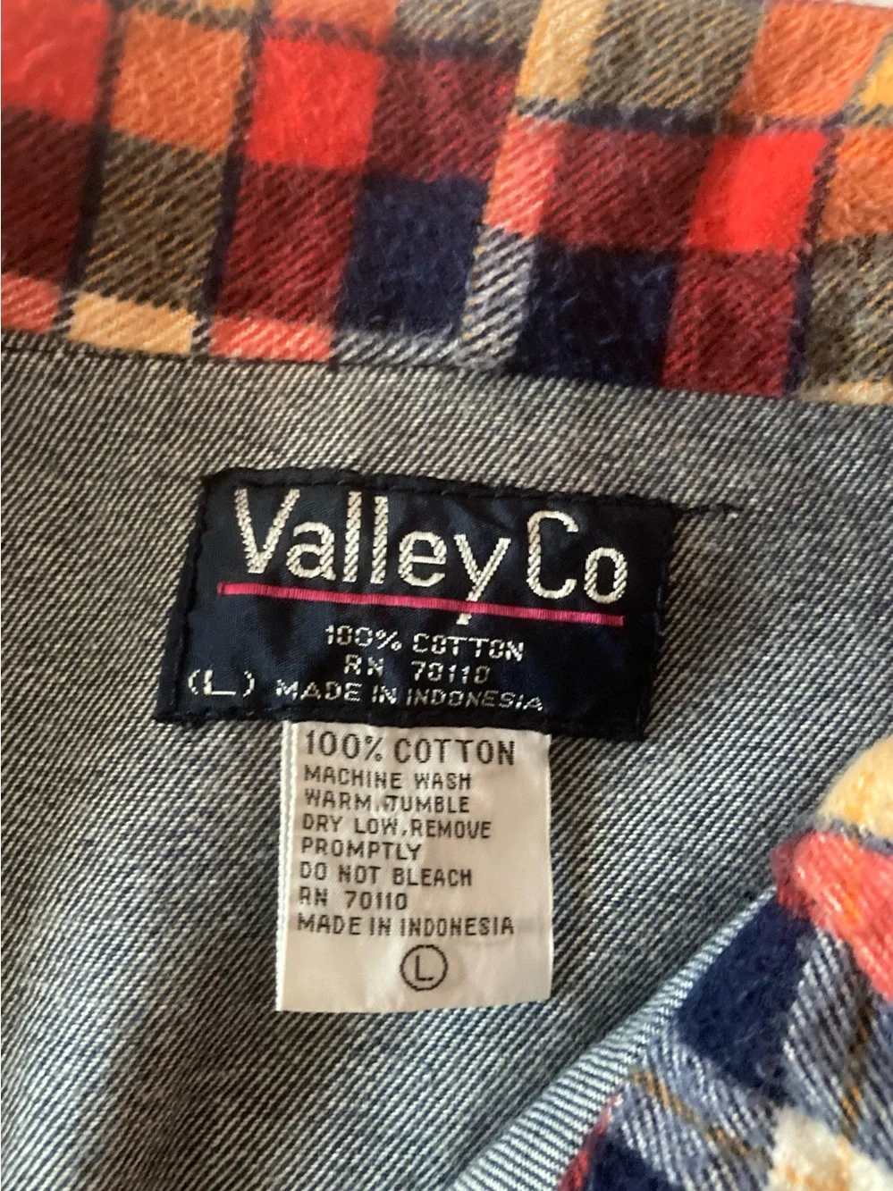 VALLEY CO SZ L Women's Denim Jacket with Red Plaid Collar 100% cotton VINTAGE